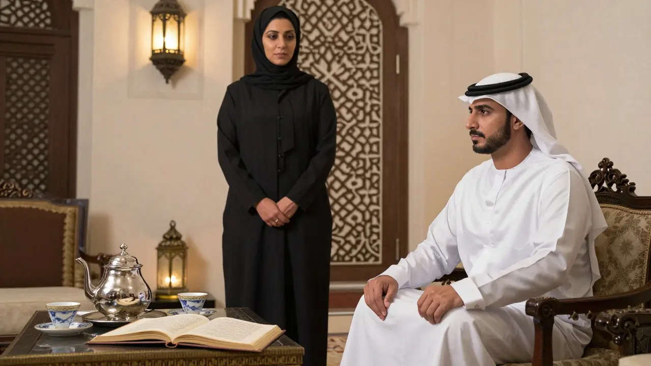 An escort silently observes a client in a traditional Emirati majlis, offering presence without words.