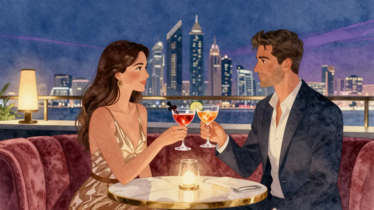 Couple toasting cocktails on rooftop bar with city view.