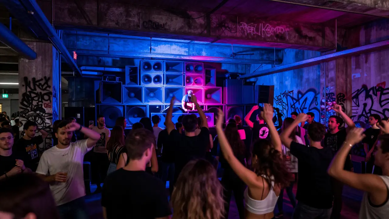 Crowd dancing in a converted warehouse club under pulsing neon lights and industrial beams.