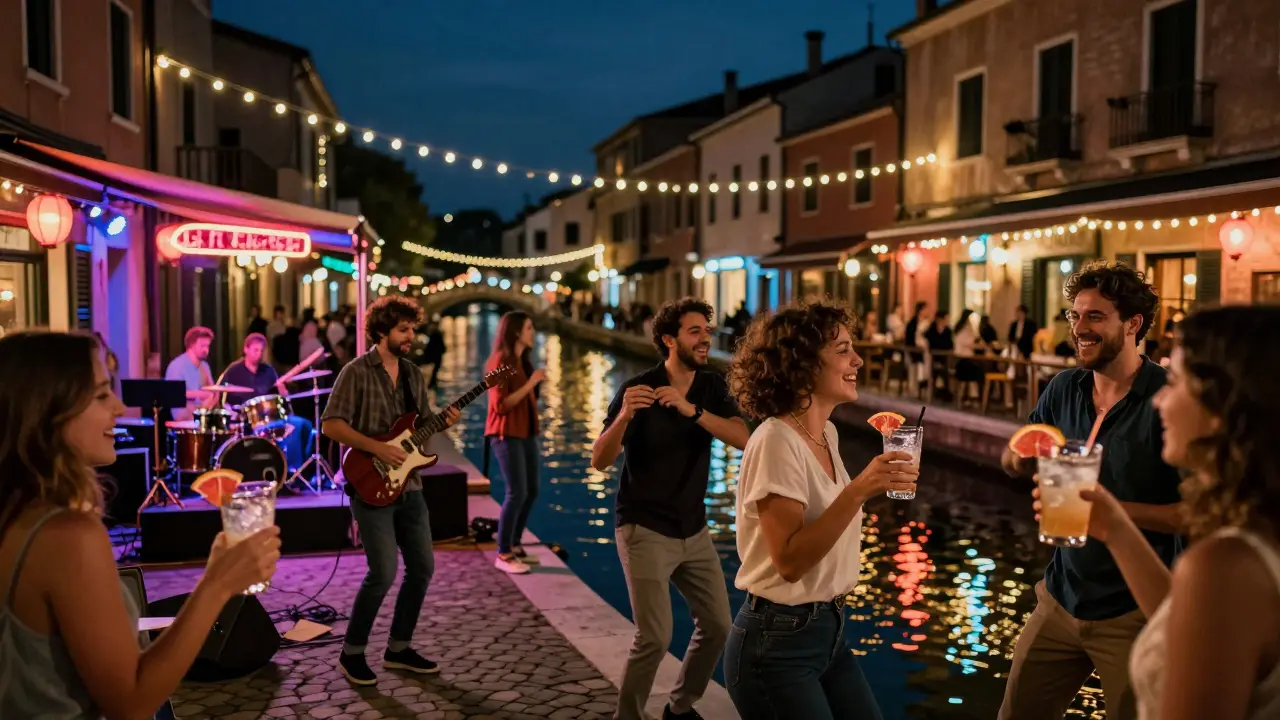 Crowd dancing on cobblestones beside lit canals in Navigli with live music.