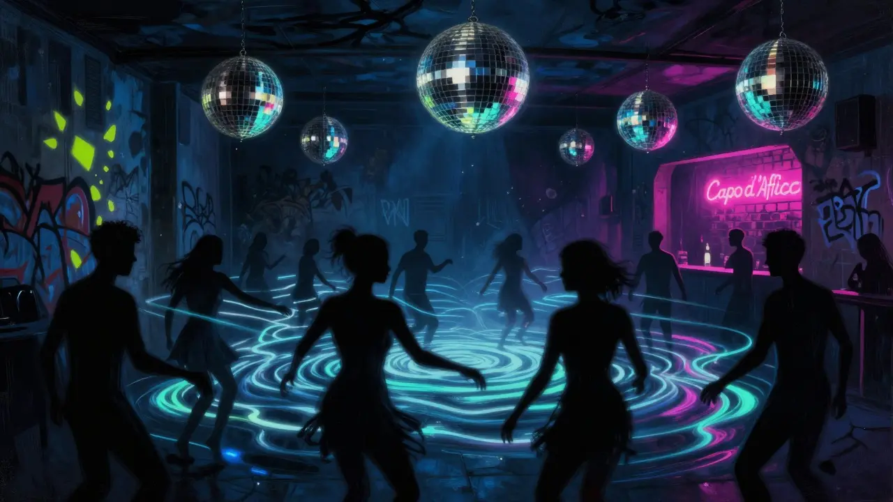 Dancers in a dim, strobe-lit club with bass waves visible in the air, neon sign glowing faintly.