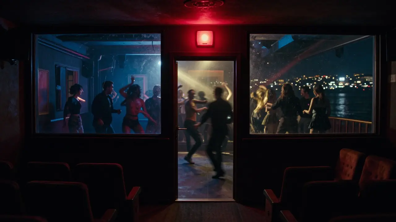 Dark, intimate interior of Barok nightclub in Kadıköy with dancers under strobe lights.