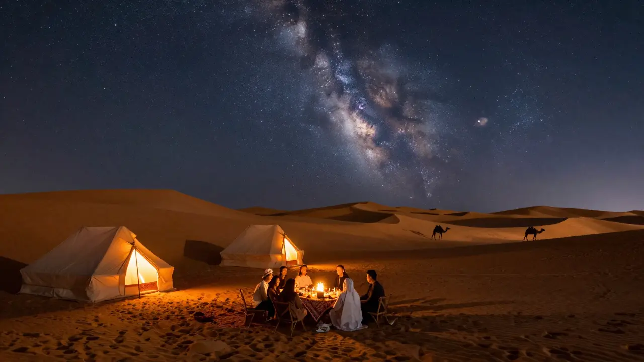 Desert stargazing at Al Maha Resort with Milky Way and Bedouin tents