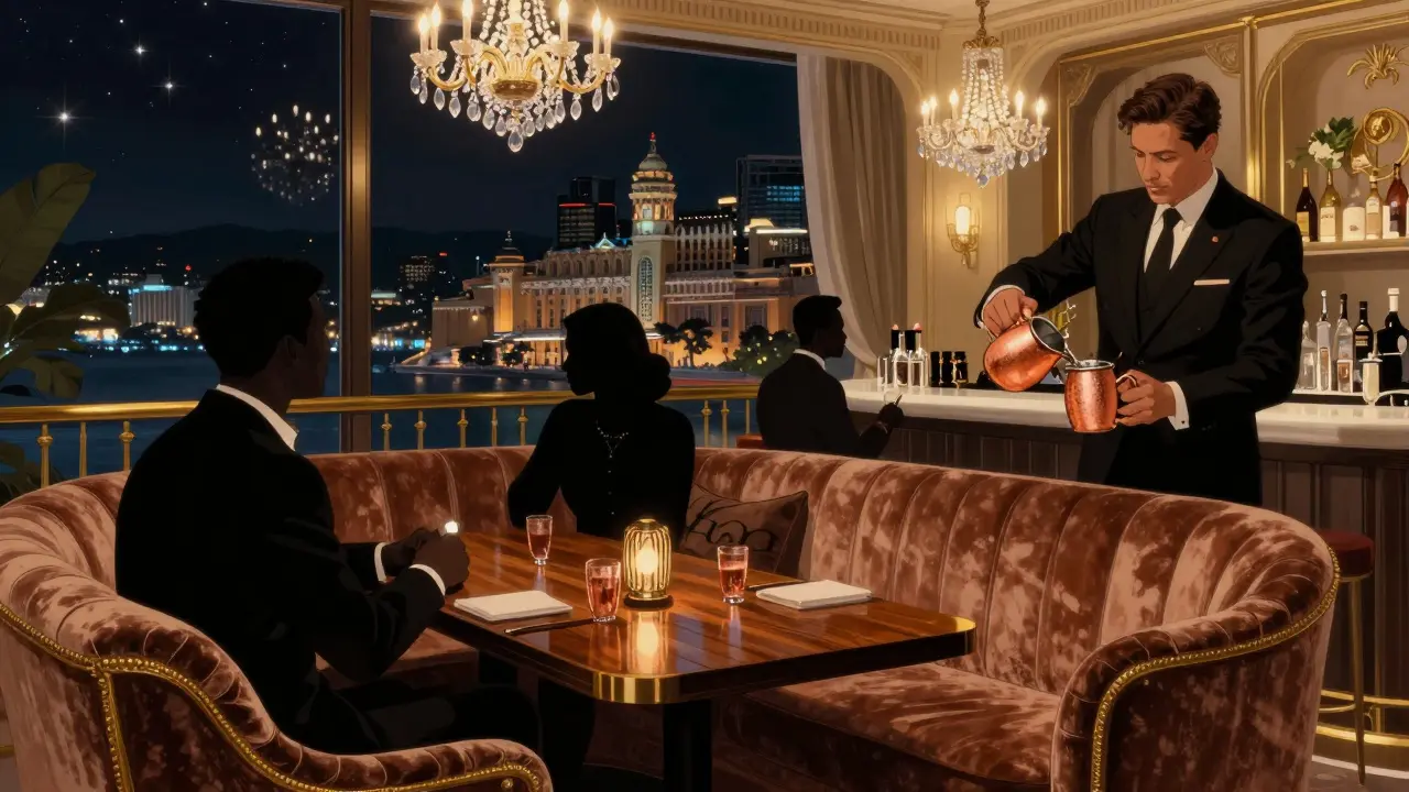 Elegant Art Deco bar with gold chandeliers where powerful figures sip cocktails in hushed conversation.