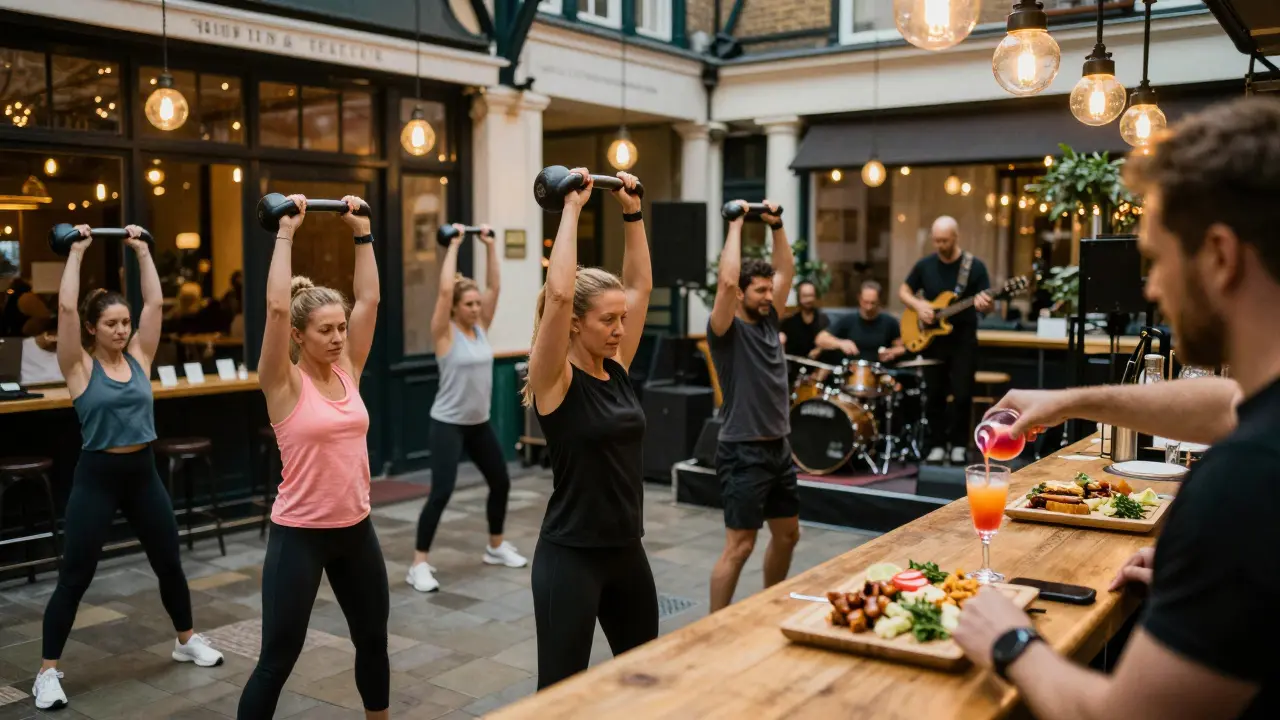 Group exercising with kettlebells at a bar that serves protein cocktails, with live music and labeled meals nearby.
