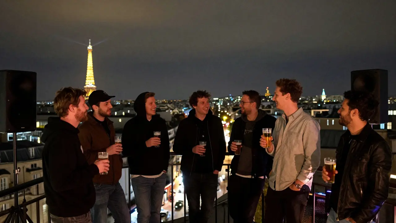 Group of men on a rooftop terrace overlooking Paris at night, holding craft beers with city lights in background.