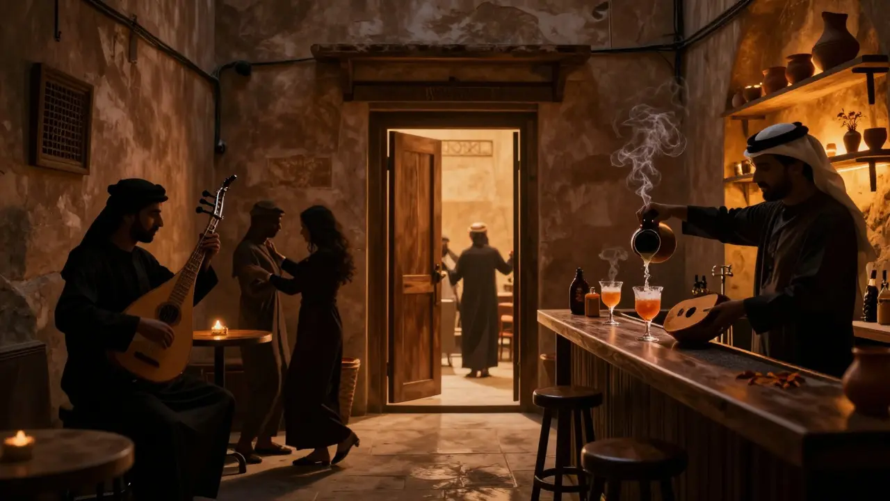 Hidden underground club beneath a market with glowing cocktails and live music silhouettes