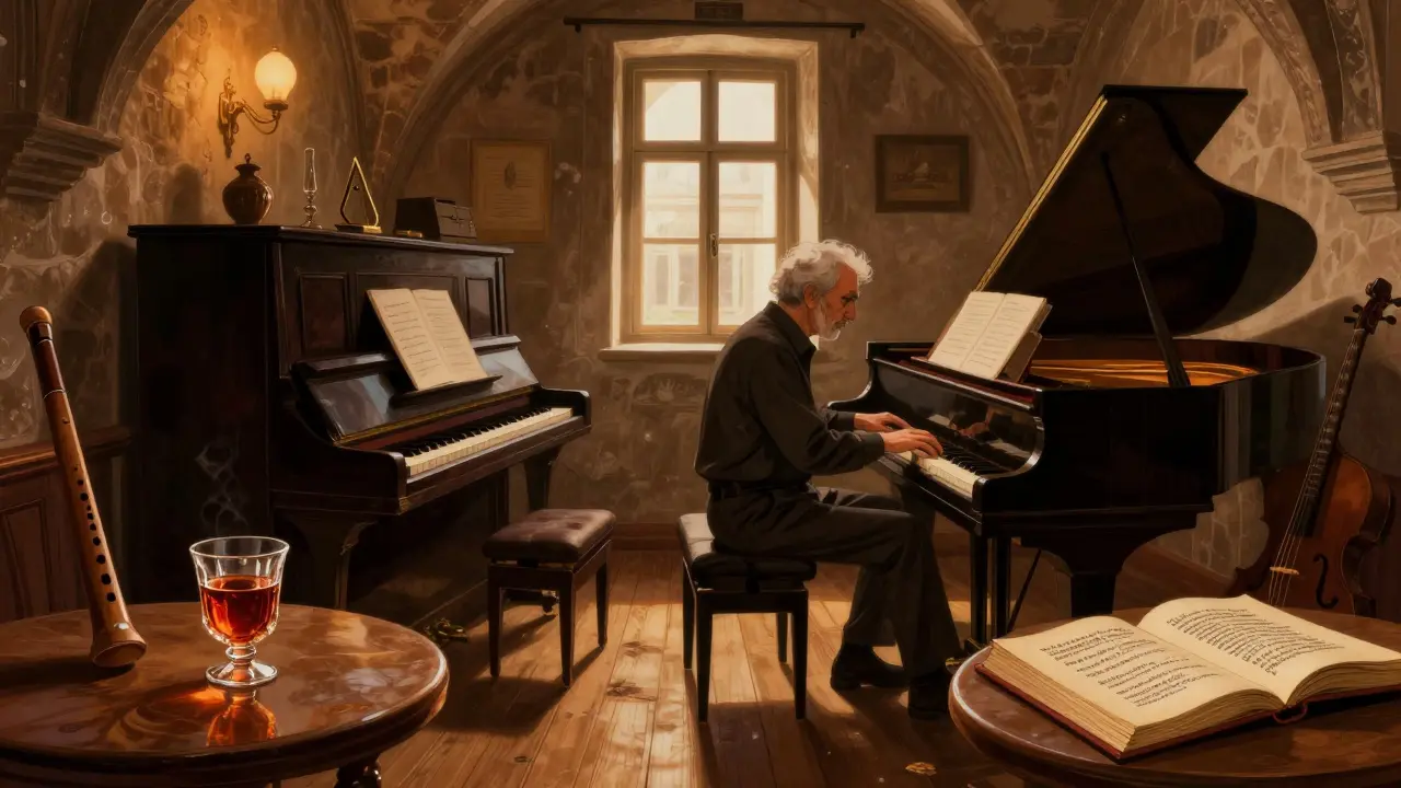 Intimate jazz club inside a historic Sufi lodge, pianist playing by a window with raki on table.