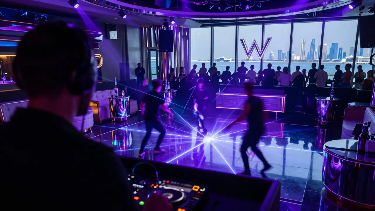Marquee Nightclub dance floor with laser lights and Gulf views, DJ booth in background