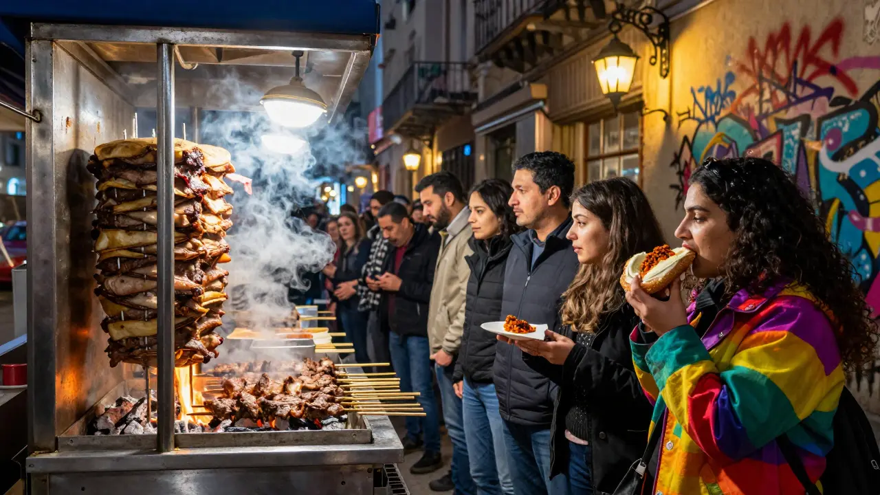 Midnight döner truck on İstiklal Avenue, steam rising from charcoal-grilled meat and waiting crowd.