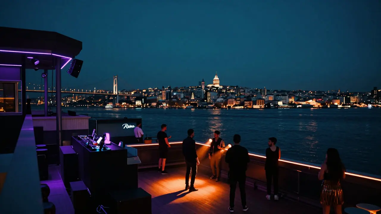 Reina nightclub rooftop with Bosphorus skyline view and DJ performance.