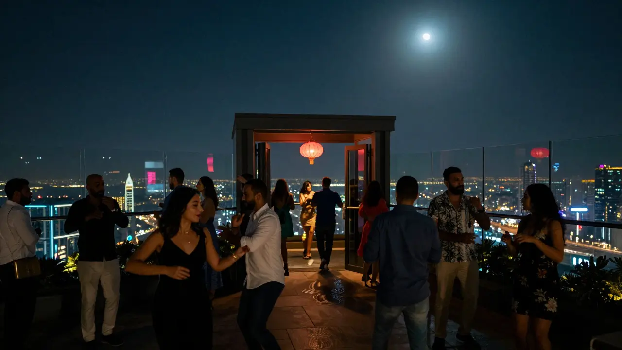 Rooftop crowd dancing at night with city lights below and a single red lantern above