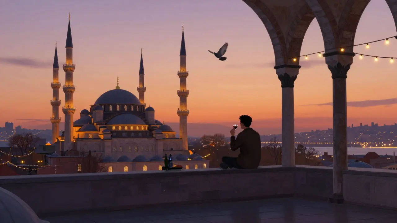 Serene rooftop terrace at Asmalı Mescit at sunset with raki and distant mosque silhouette.