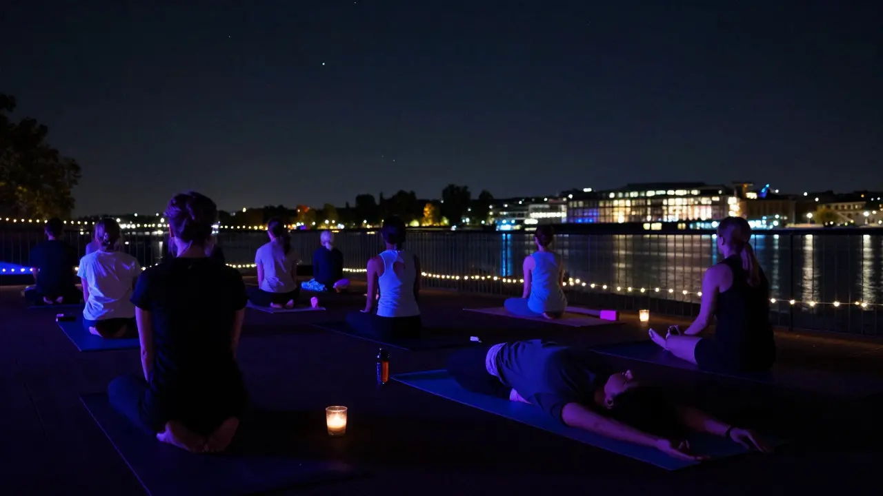 Silhouettes of people doing yoga under a starry sky beside the Thames, bathed in soft blue and purple lights.