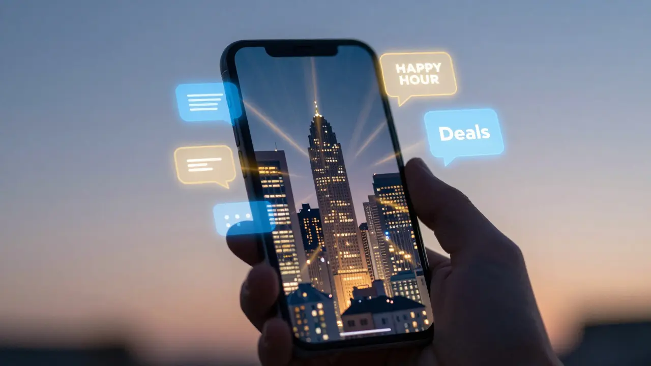 Smartphone screen reflecting abstract city skyline patterns.