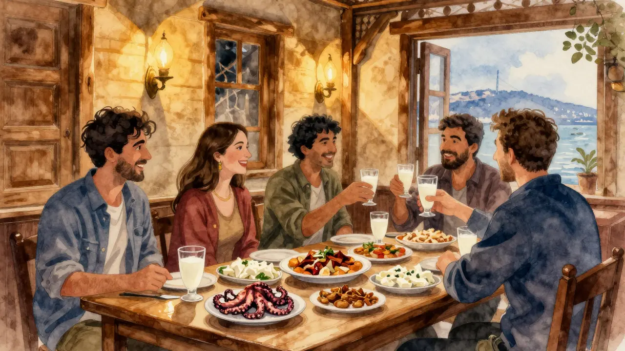 Traditional meyhane scene with rakı, meze, and friends toasting.