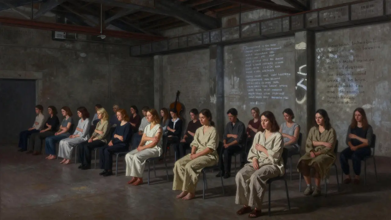 Twenty individuals sitting silently in a warehouse, each embracing a performer in a meditative art performance.