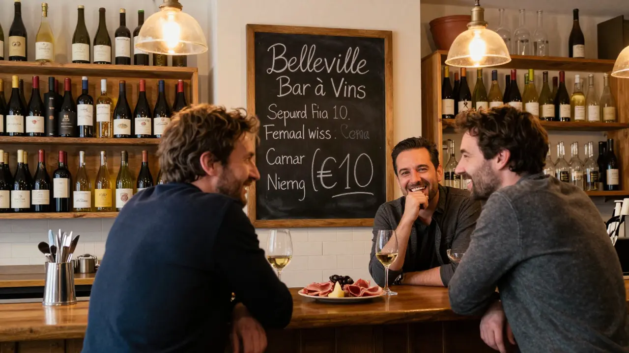 Two men sharing wine and charcuterie at a rustic Parisian wine bar with chalkboard menu.