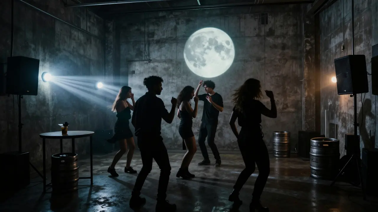 Underground warehouse party in Zone 1 with strobe lights and silhouetted dancers.