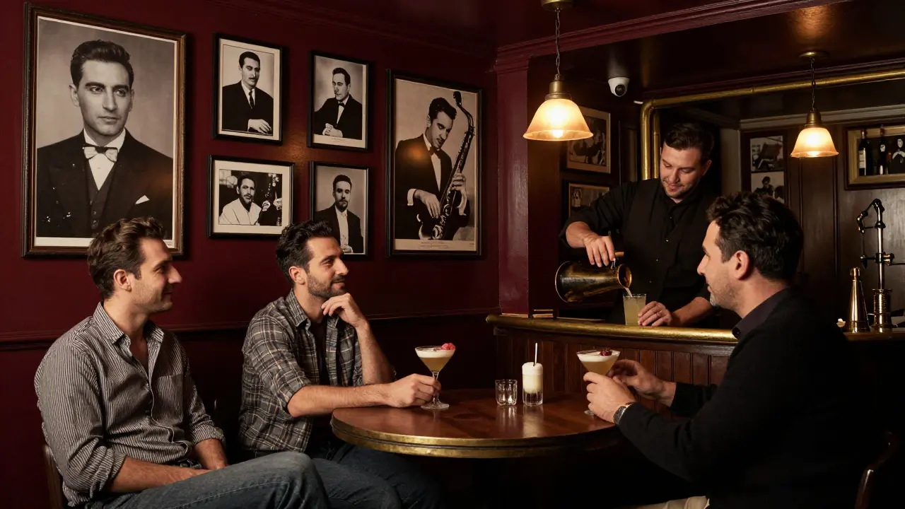 A cozy jazz bar in Beşiktaş with vintage photos, patrons sipping drinks under warm lamplight.