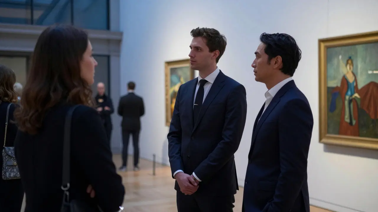 A discreet luxury escort observing a crowd at a Tate Modern event, exuding quiet confidence.