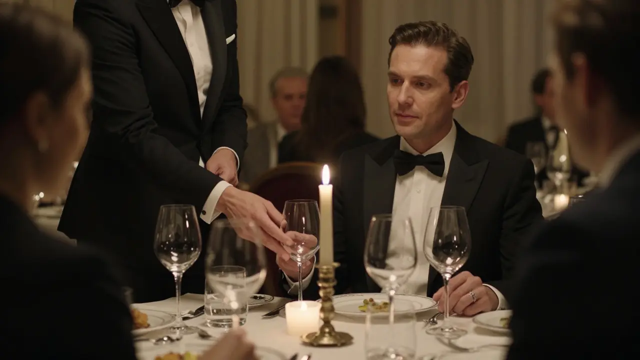 A luxury escort guiding a client at a Mayfair dinner, demonstrating refined social etiquette.