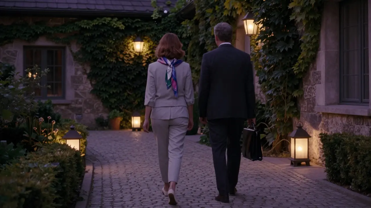 A man and woman walk silently through a garden at dusk, their profiles blending into the soft twilight of Berlin.