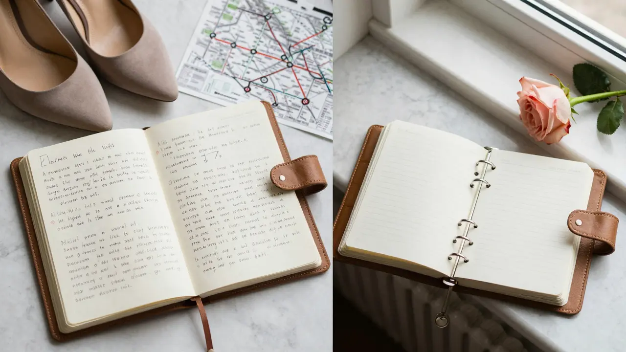 A minimalist arrangement of notes, maps, and a rose symbolizes thoughtful preparation for a Milan companionship.