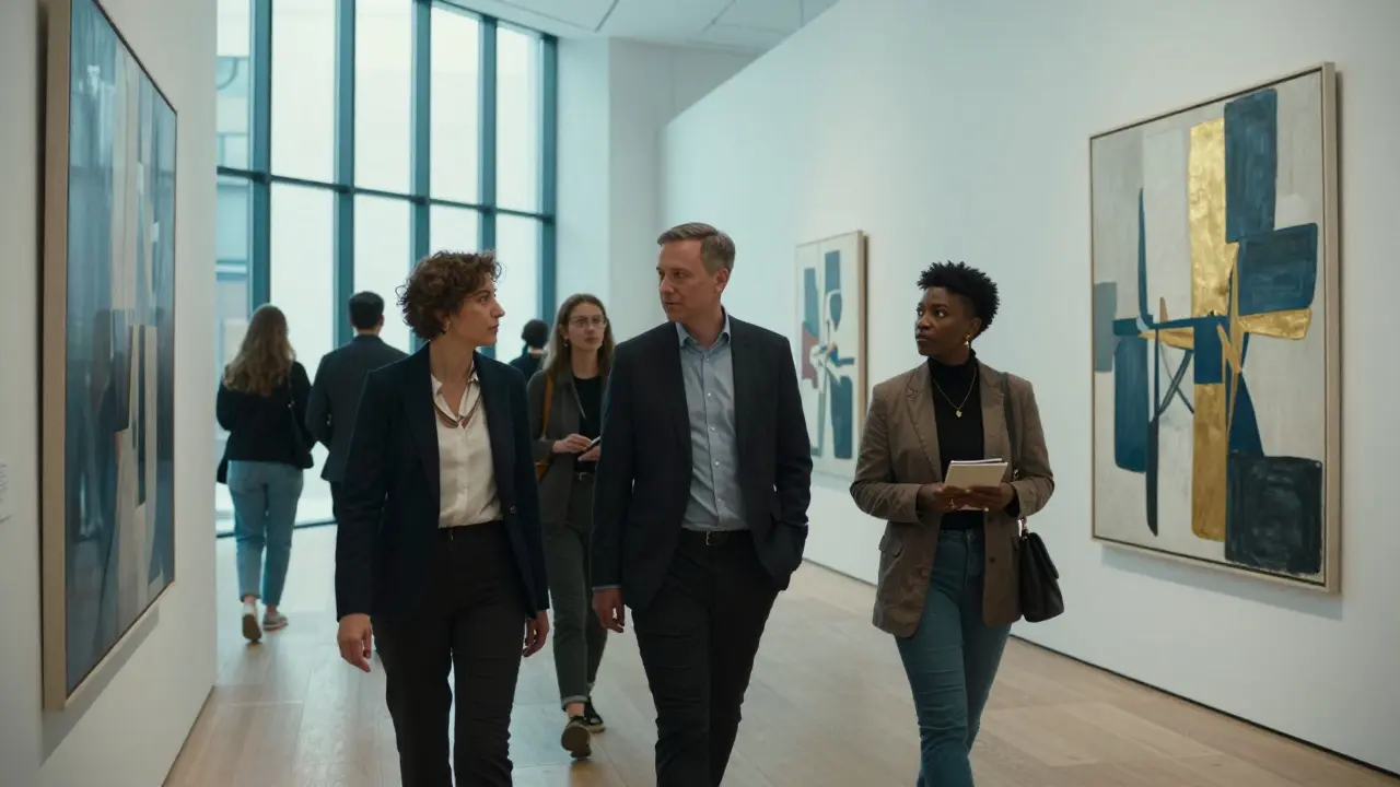 A professional companion walking through an art gallery with clients, engaging in thoughtful discussion.