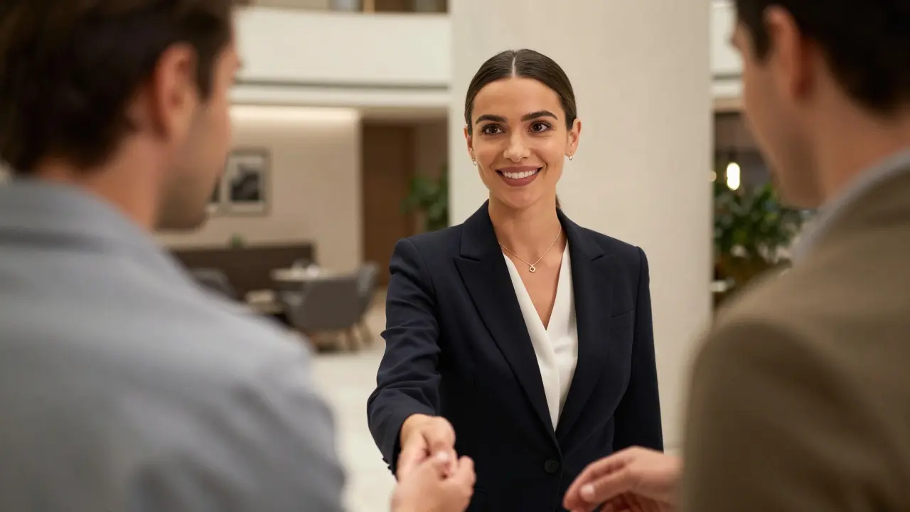 A professional woman greets a man in a modern hotel lobby, conveying trust and quiet elegance.