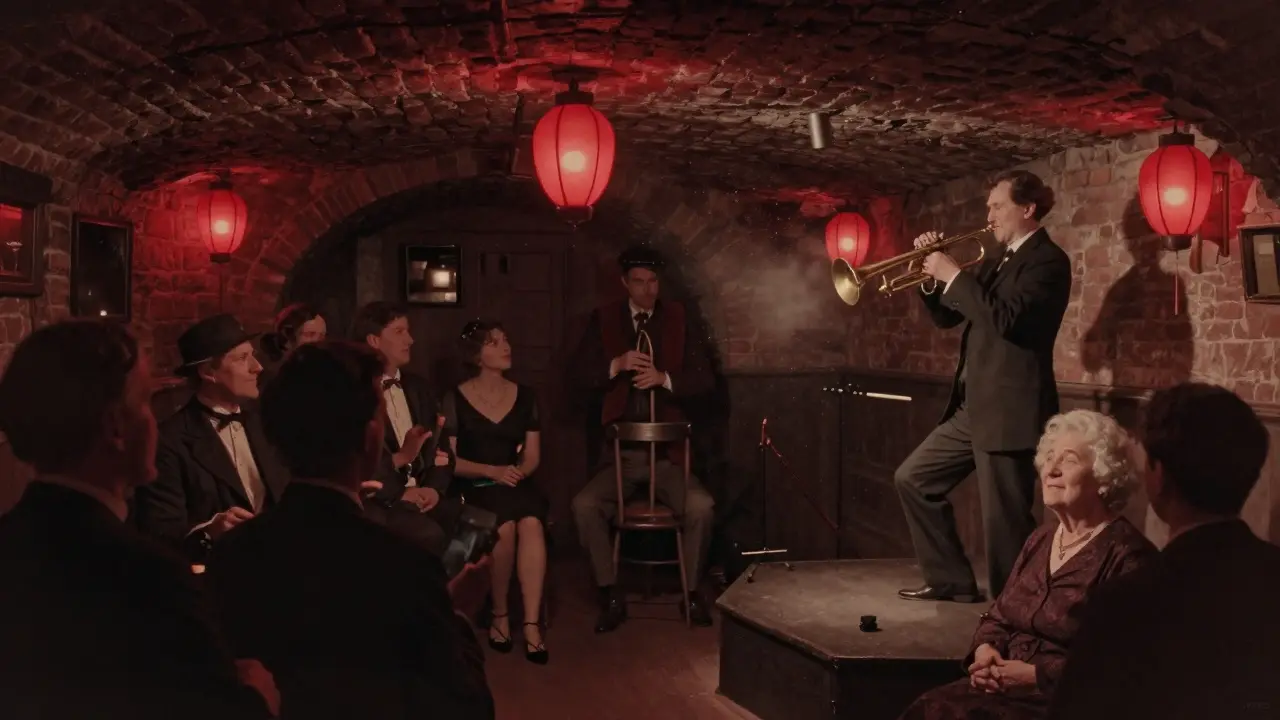 A small jazz cellar in Paris where locals and tourists sway together, listening to a trumpet player under dim red lanterns.