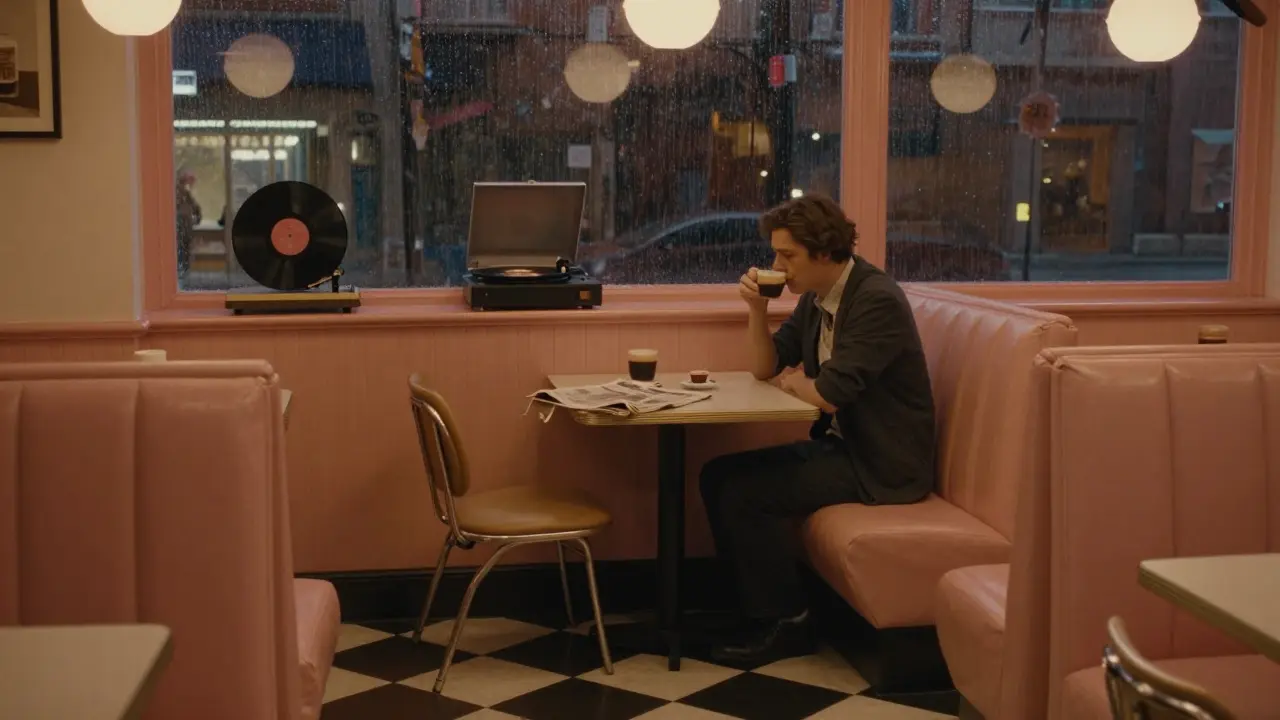 A solitary figure sipping espresso in Wes Anderson's pastel-colored Bar Luce at night.