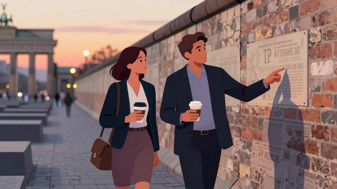 A VIP companion and client walking together at the Berlin Wall Memorial at sunset.