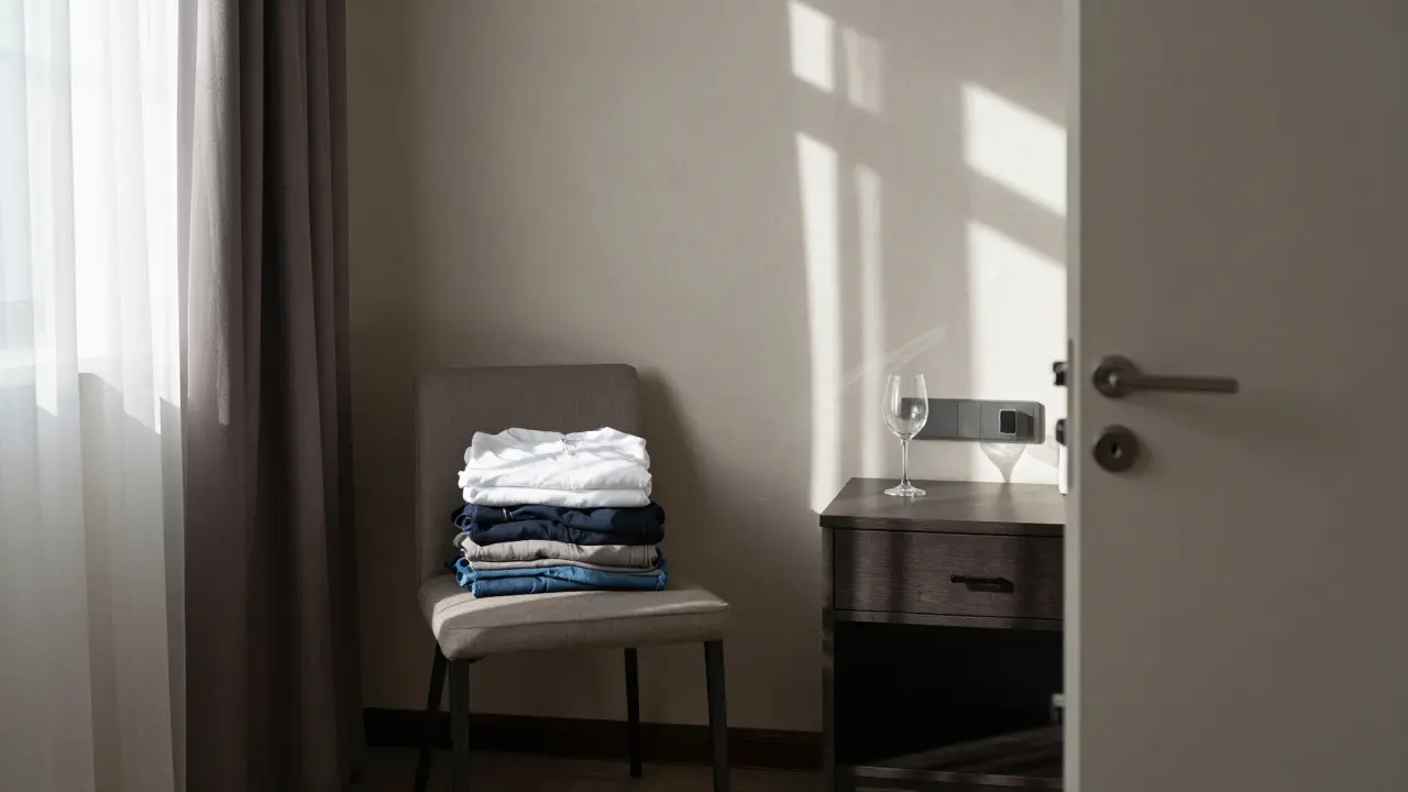 An empty hotel room after an escort's departure, showing only a half-finished wine glass and folded clothes.
