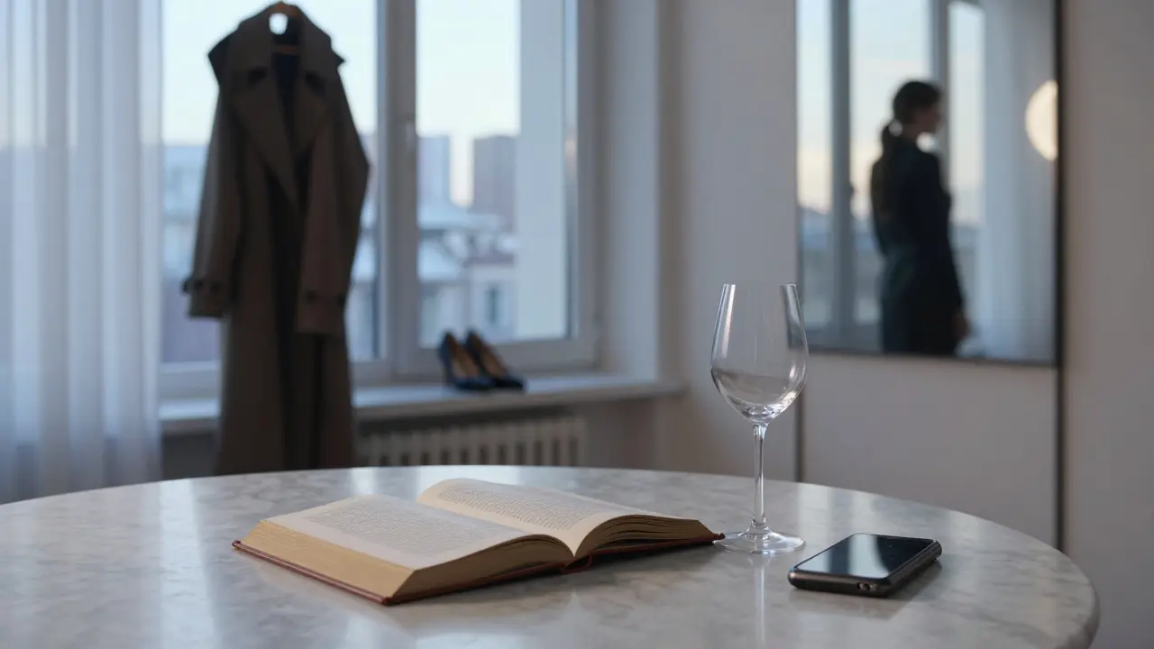 An empty, meticulously arranged Berlin apartment at dawn, with a book, wine glass, and burner phone hinting at a discreet life.