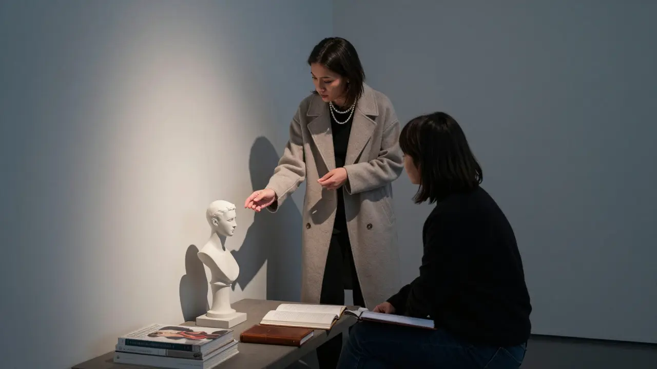 An escort and client engaging thoughtfully with art in a quiet museum corner after hours.