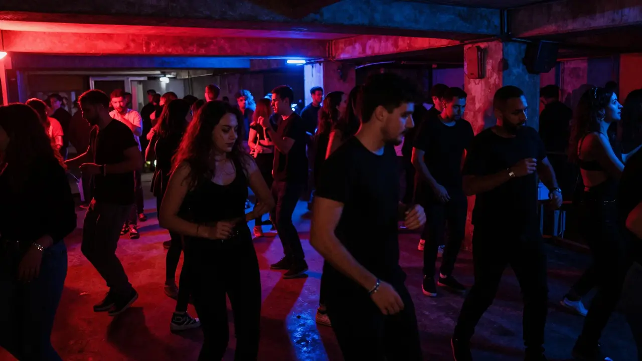 An underground club in Karaköy with a vibrant crowd dancing under pulsing neon lights.