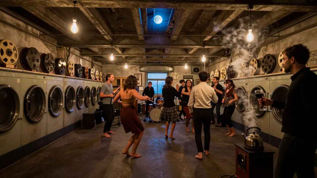 An underground jazz club beneath a train bridge, people dancing barefoot to live music in a circle of warm, flickering light.