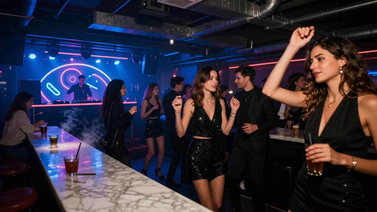 Crowd dancing in a neon-lit warehouse nightclub with pulsing lights and stylish attire.