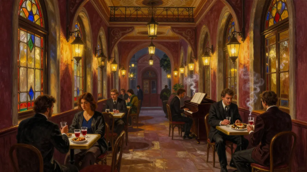 Ottoman-era Çiçek Pasajı arcade at night filled with cozy bars, warm lighting, and people chatting over drinks.