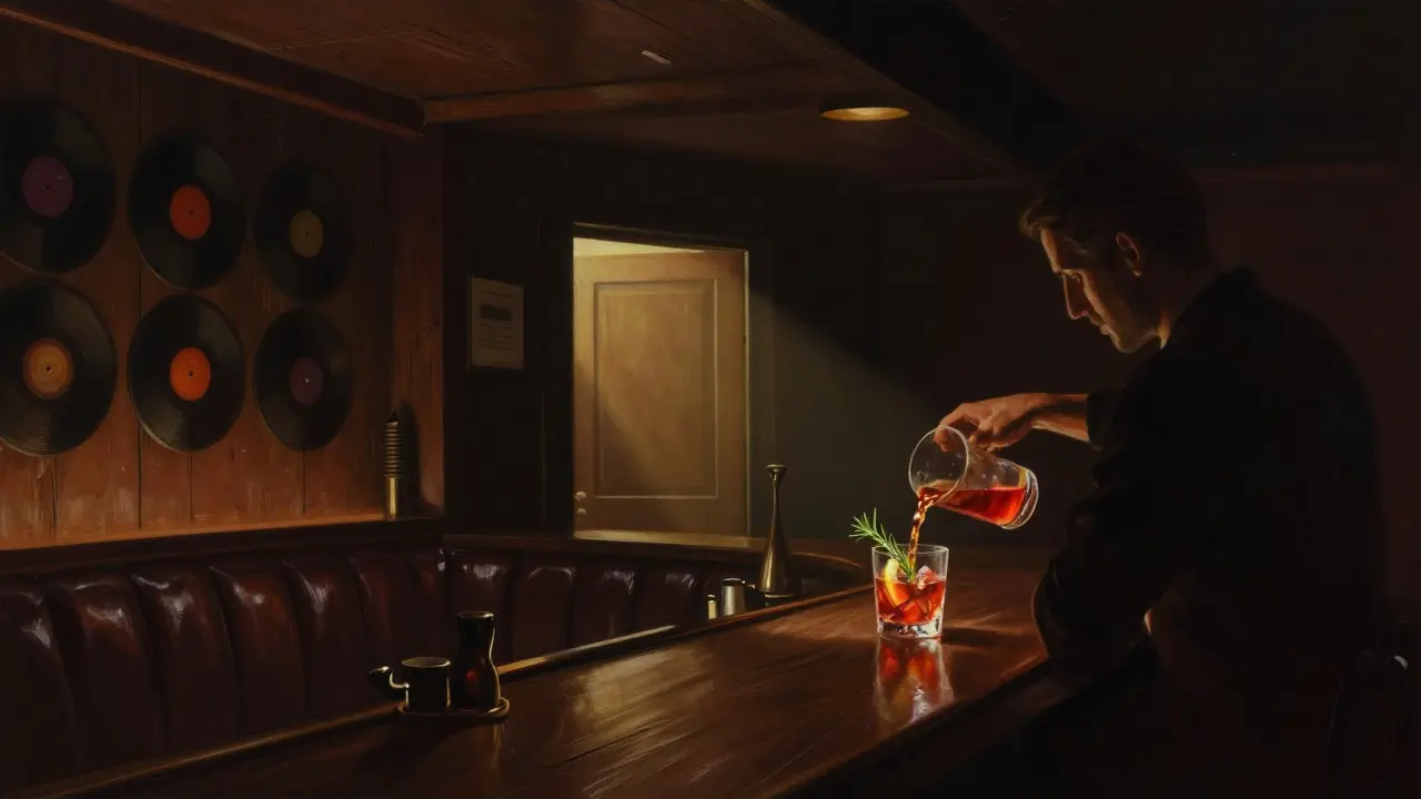 Secret speakeasy bar Boğazkale with dim lighting, oak bar, and noir atmosphere, no sign on the hidden door.