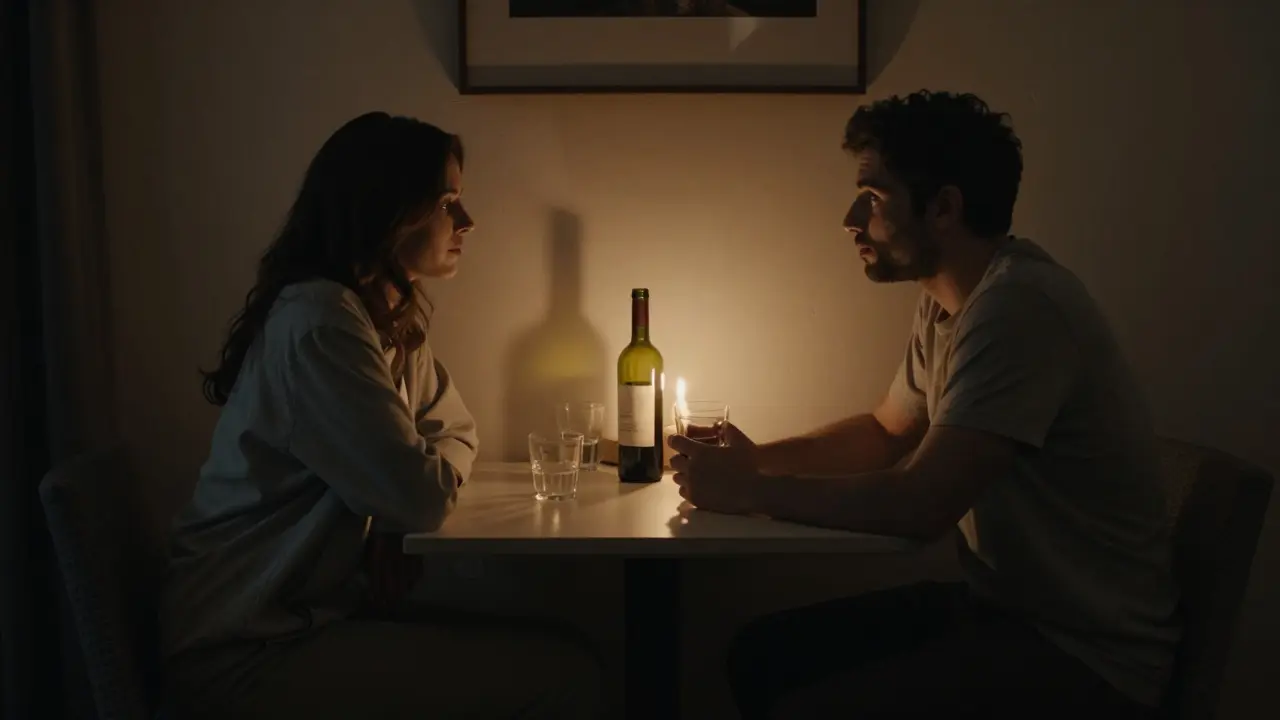 Two people sit quietly across a candlelit hotel table, sharing a quiet moment of genuine connection.