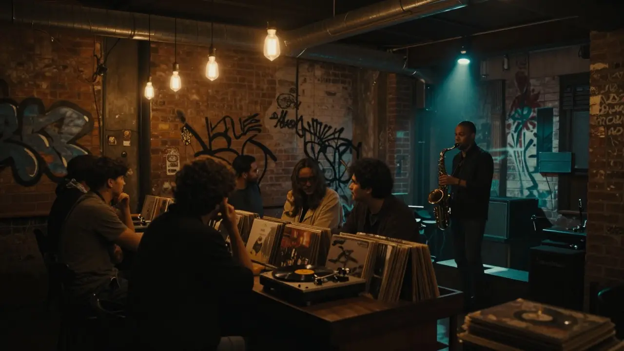 Underground jazz bar in Alserkal Avenue with vinyl records spinning and patrons listening in dim, warm light.